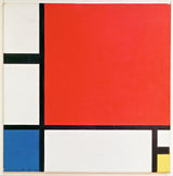 Composition II in Red, Blue and Yellow by Piet Mondrian: a large red square, black lines, a blue block and a small yellow one