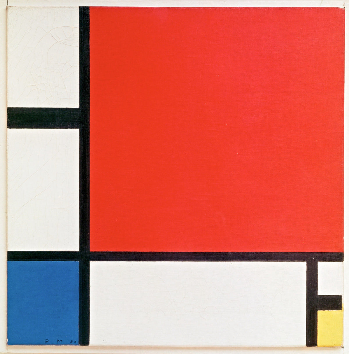 Composition II in Red, Blue and Yellow by Piet Mondrian: a large red square, black lines, a blue block and a small yellow one