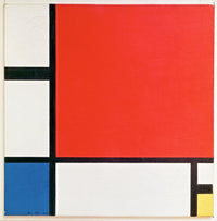 Composition II in Red, Blue and Yellow by Piet Mondrian: a large red square, black lines, a blue block and a small yellow one