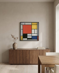 Large Red Plane by Piet Mondrian in a black frame above a walnut sideboard in a dining room