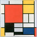 Composition with Large Red Plane by Piet Mondrian: a red square, a yellow block, a black square and blue, in a black grid
