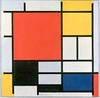 Composition with Large Red Plane by Piet Mondrian: a red square, a yellow block, a black square and blue, in a black grid
