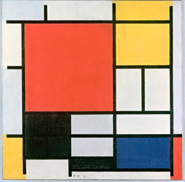 Composition with Large Red Plane by Piet Mondrian: a red square, a yellow block, a black square and blue, in a black grid
