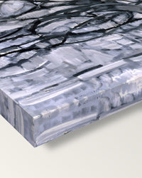 Gray Tree by Piet Mondrian on stretched canvas, corner close-up: the painting mirror-wrapped round the sides