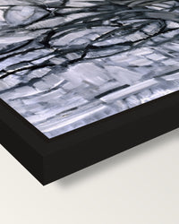 Gray Tree by Piet Mondrian framed canvas, corner close-up: a black floating frame with a shadow gap round the canvas