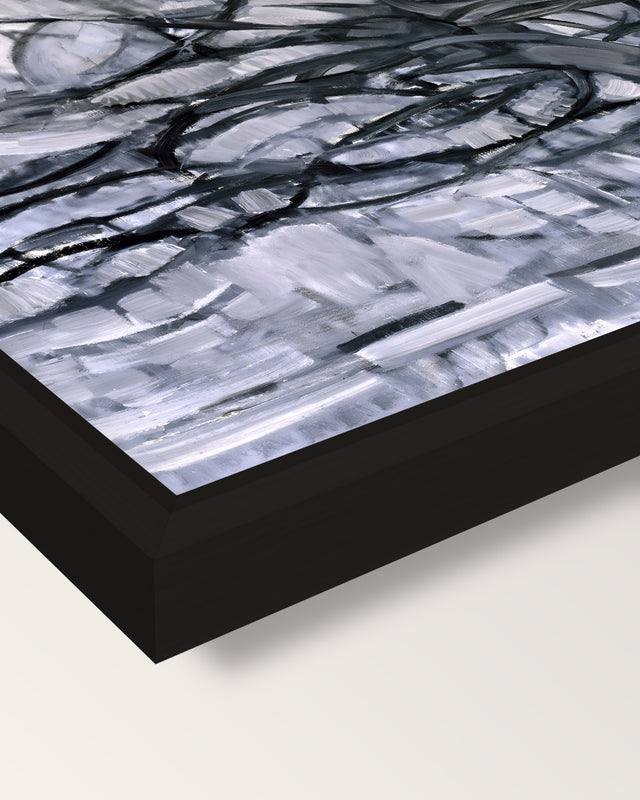 Gray Tree by Piet Mondrian framed canvas, corner close-up: a black floating frame with a shadow gap round the canvas