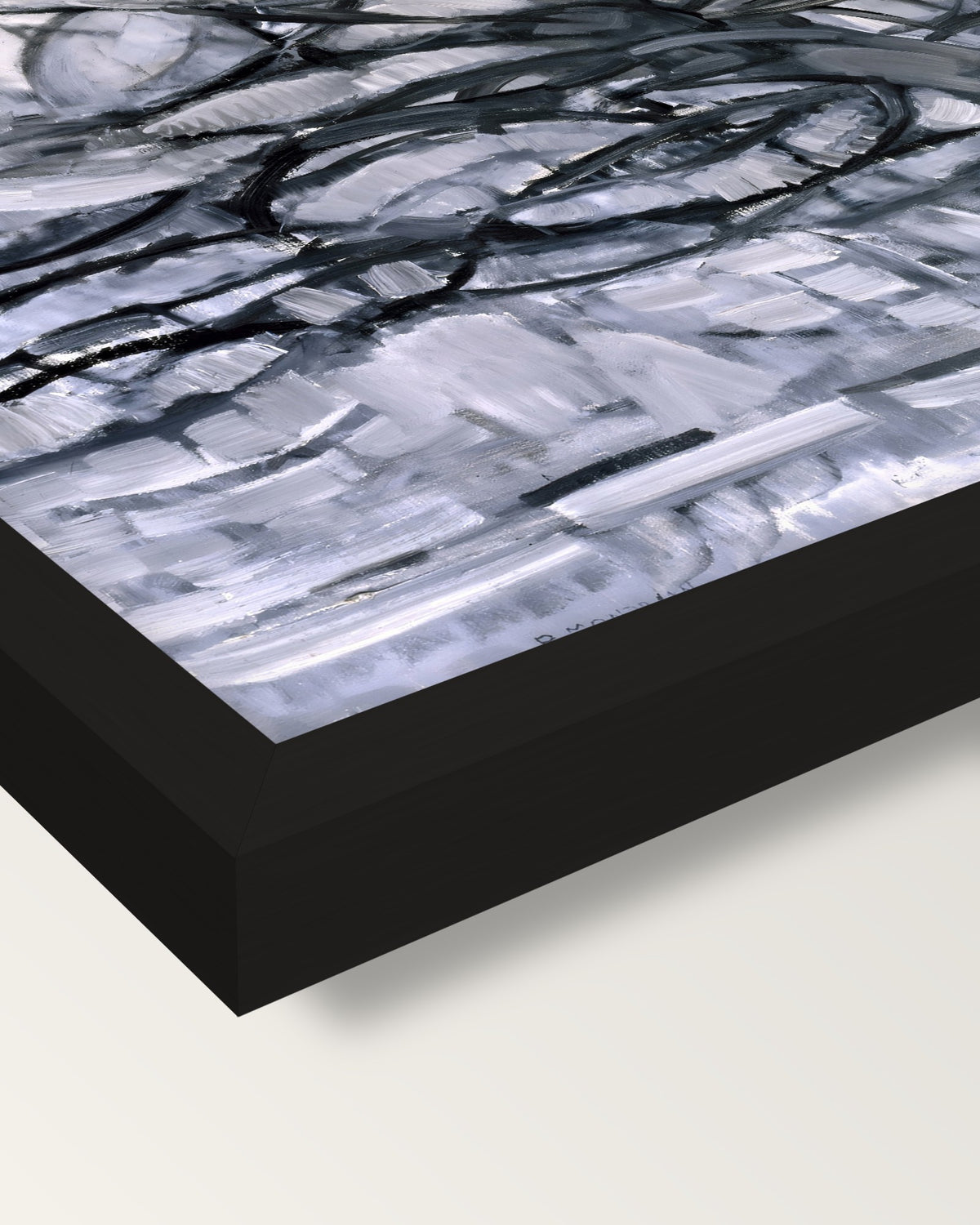 Gray Tree by Piet Mondrian framed print, corner close-up: black moulding, mitred, the print set just below its edge