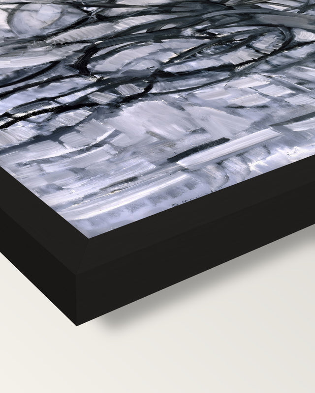 Gray Tree by Piet Mondrian framed print, corner close-up: black moulding, mitred, the print set just below its edge