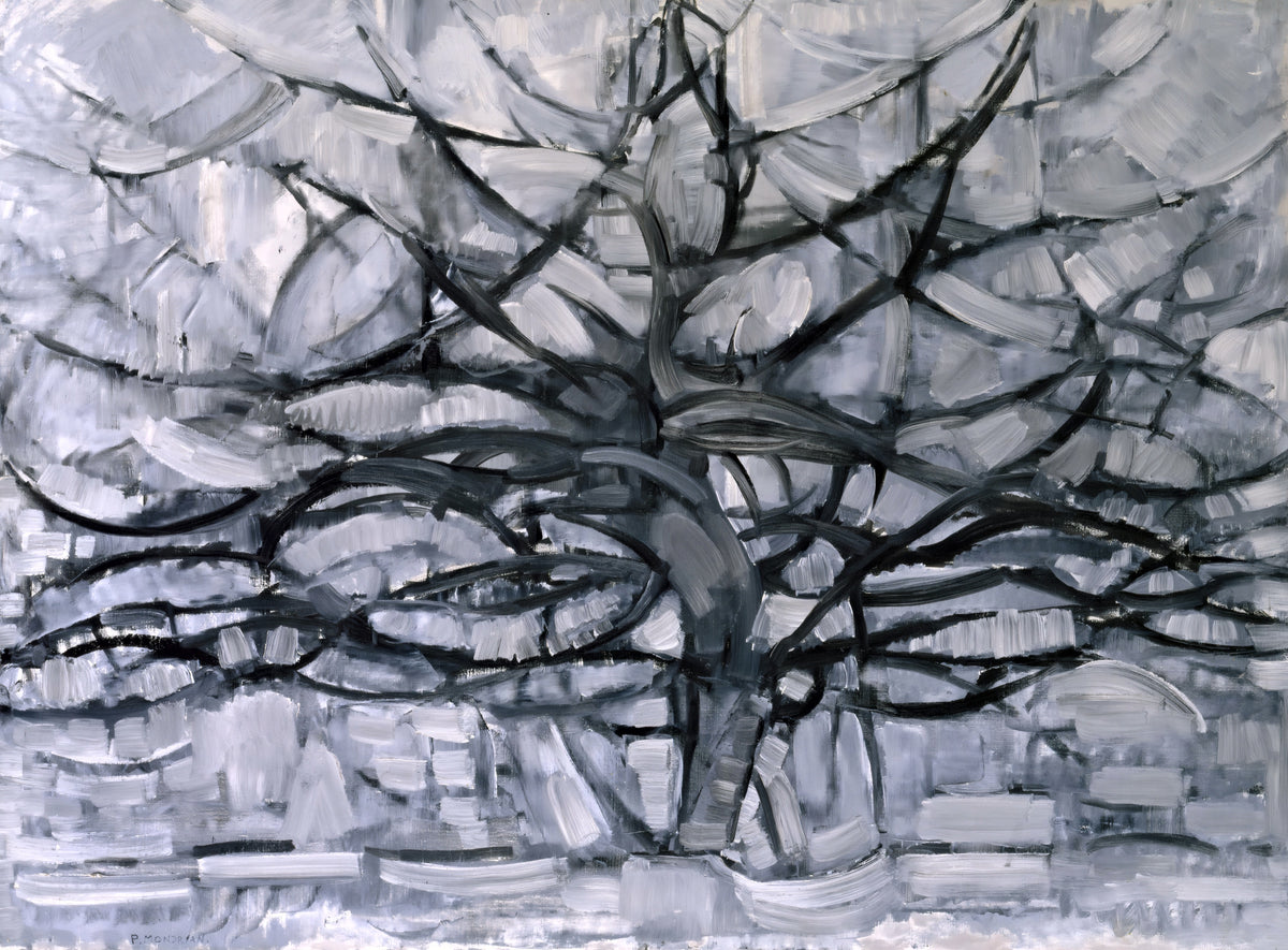 Gray Tree by Piet Mondrian: the curving black branches of a tree spreading across a grey and white sky