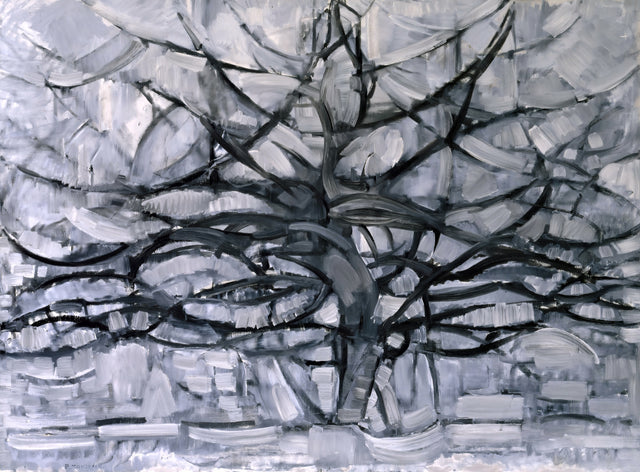 Gray Tree by Piet Mondrian: the curving black branches of a tree spreading across a grey and white sky