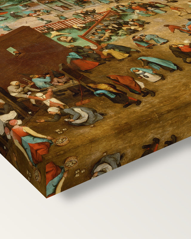 Children’s Games by the Elder on stretched canvas, corner close-up: the painting mirror-wrapped round the sides