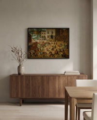 Children’s Games by Pieter Bruegel the Elder in a black frame above a walnut sideboard in a dining room