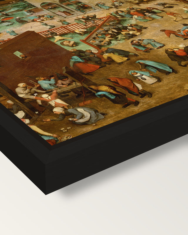 Children’s Games by the Elder framed canvas, corner close-up: a black floating frame with a shadow gap round the canvas