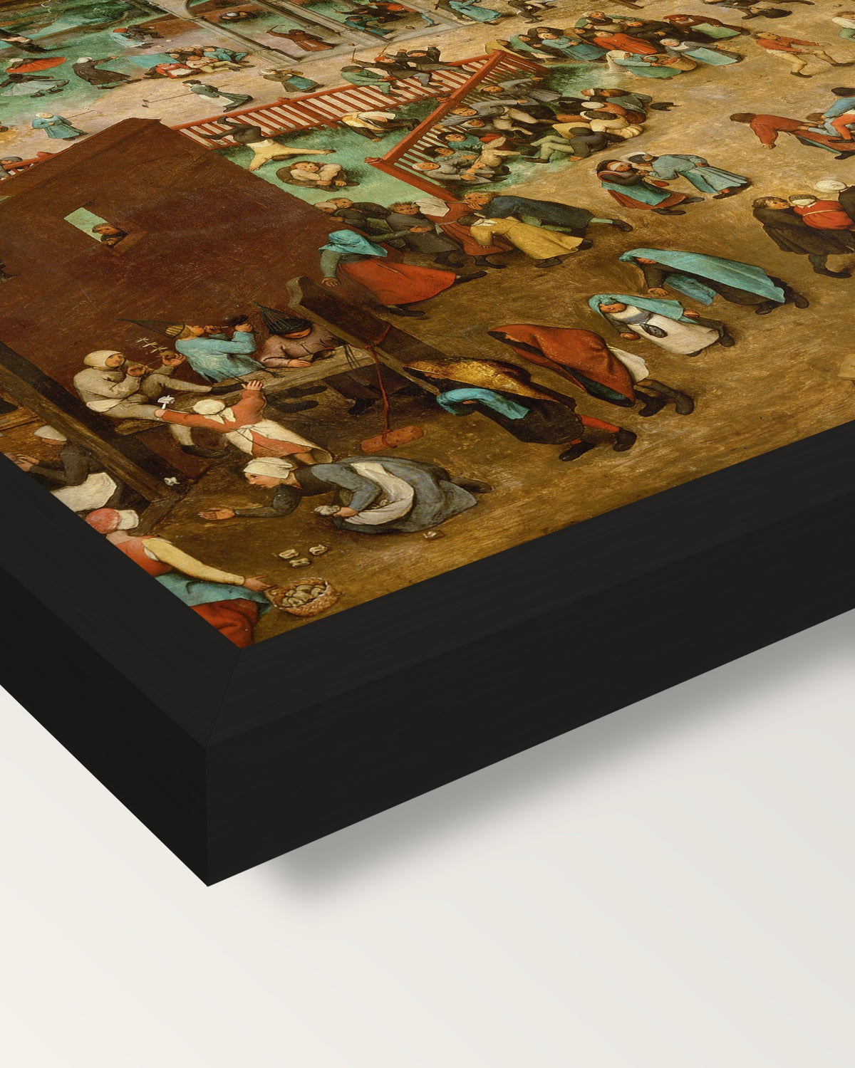 Children’s Games by the Elder framed print, corner close-up: black moulding, mitred, the print set just below its edge