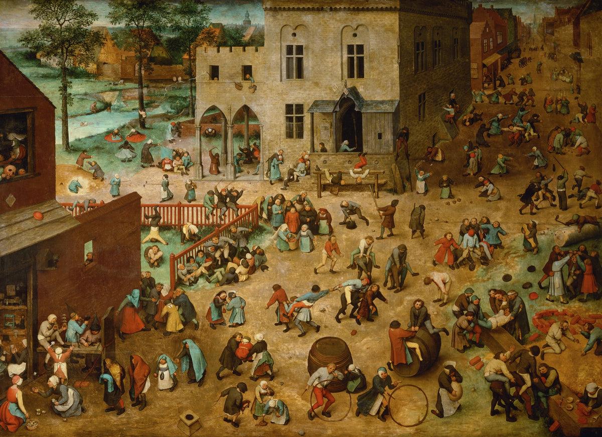 Children’s Games by Pieter Bruegel the Elder: a town square crowded with children rolling hoops, on stilts and leapfrogging