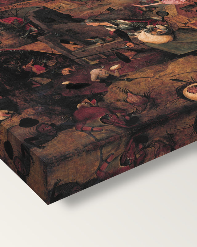 Dull Gret by Pieter Bruegel the Elder on stretched canvas, corner close-up: the painting mirror-wrapped round the sides