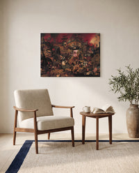 Dull Gret by Pieter Bruegel the Elder as a stretched canvas above a linen lounge chair in a reading corner
