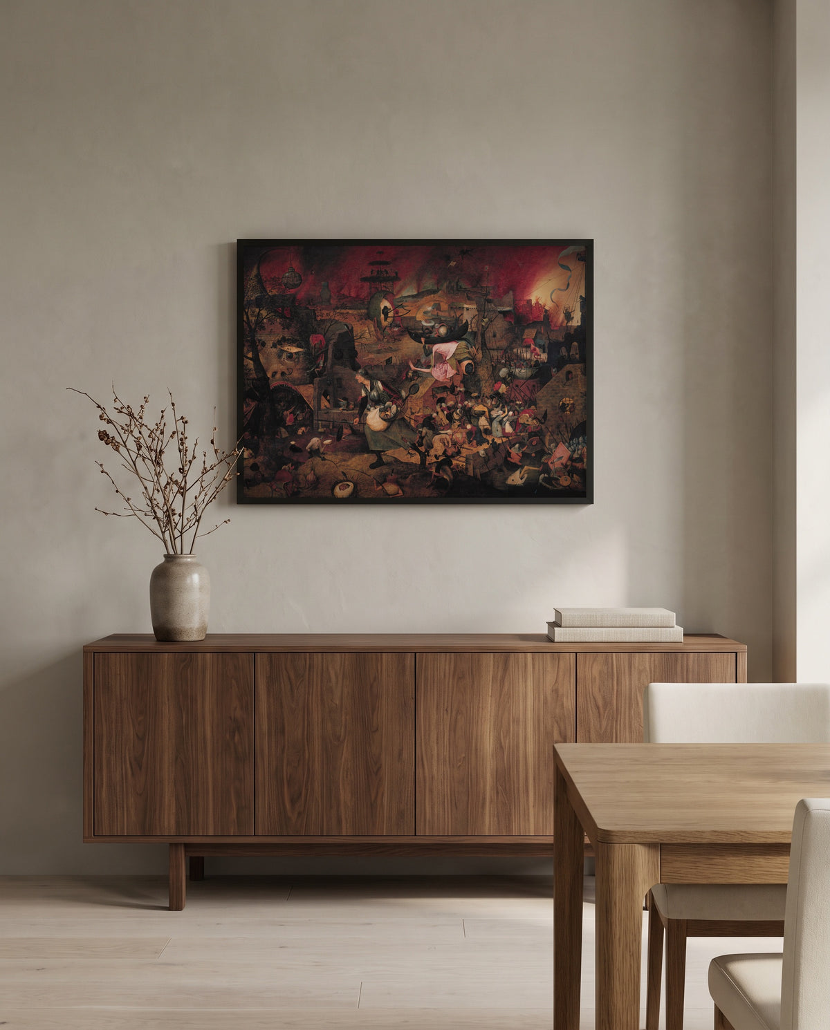 Dull Gret by Pieter Bruegel the Elder in a black frame above a walnut sideboard in a dining room