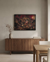 Dull Gret by Pieter Bruegel the Elder in a black frame above a walnut sideboard in a dining room