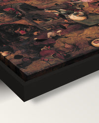 Dull Gret framed canvas, corner close-up: the canvas in a slim black floating frame, its painted edge in the shadow gap