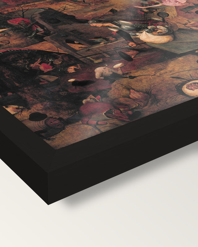Dull Gret by Pieter Bruegel the Elder framed print, corner close-up: black moulding, edge to edge under plexiglass, no mat