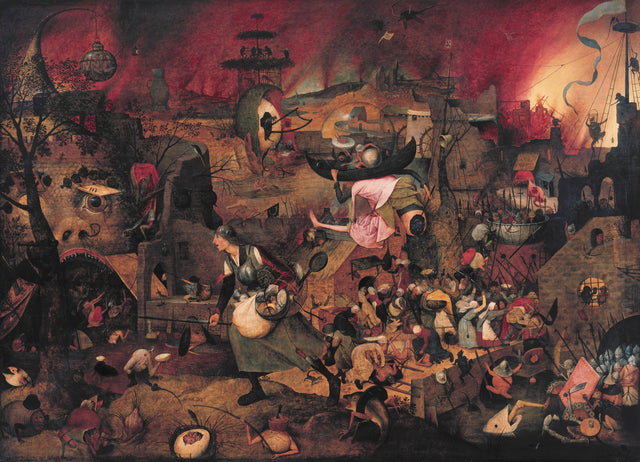 Dull Gret by Pieter Bruegel the Elder: a woman in armour with a sword strides past monsters toward a burning mouth of Hell