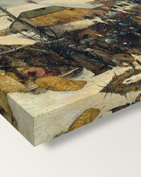 Adoration in the Snow by the Elder on stretched canvas, corner close-up: the painting mirror-wrapped round the sides