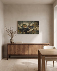 Adoration in the Snow by Pieter Bruegel the Elder in a black frame above a walnut sideboard in a dining room