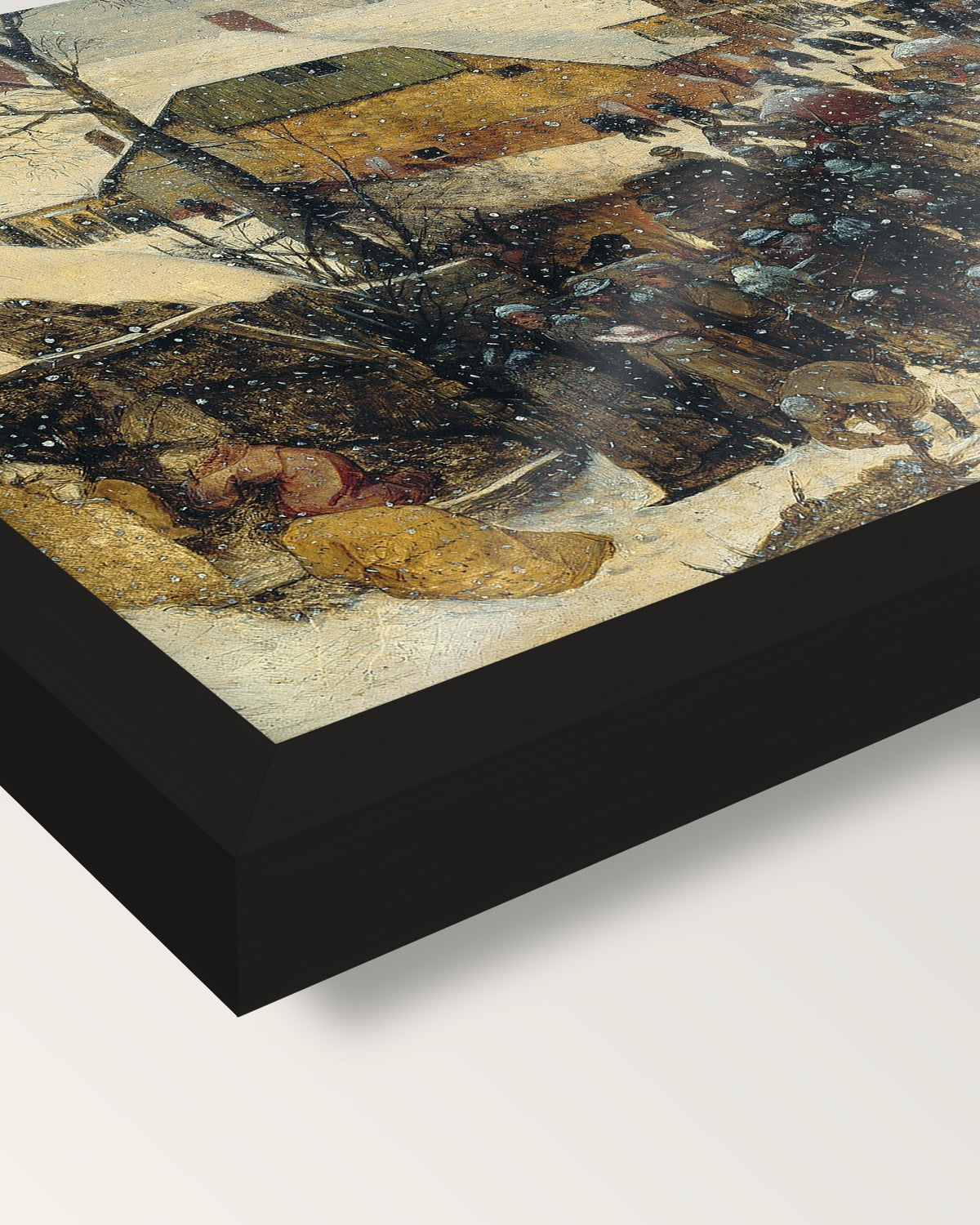 Adoration in the Snow by Pieter Bruegel the Elder framed print, corner close-up: black moulding, edge to edge, no mat