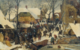 The Adoration of the Magi in the Snow by Bruegel: a snowy Flemish village street full of people, a child on the ice