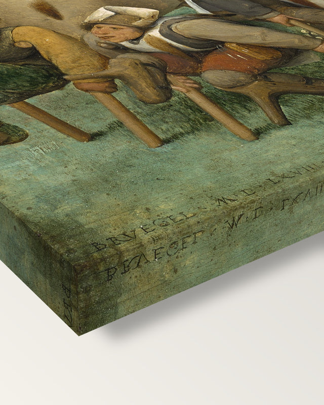 The Beggars by Pieter Bruegel the Elder on stretched canvas, corner close-up: the painting mirror-wrapped round the sides