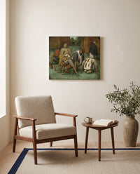 The Beggars by Pieter Bruegel the Elder as a stretched canvas above a linen lounge chair in a reading corner