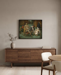 The Beggars by Pieter Bruegel the Elder in a black frame above a walnut sideboard in a dining room