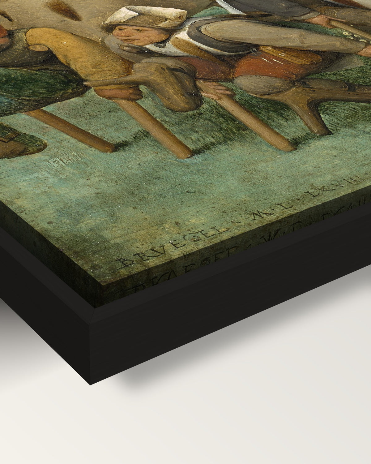 The Beggars framed canvas, corner close-up: the canvas in a slim black floating frame, its painted edge in the shadow gap