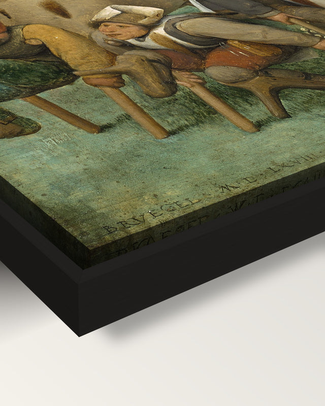 The Beggars framed canvas, corner close-up: the canvas in a slim black floating frame, its painted edge in the shadow gap