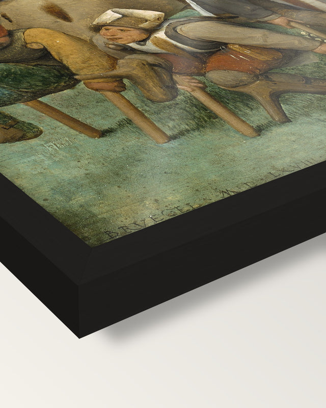 The Beggars by Pieter Bruegel the Elder framed print, corner close-up: black moulding, edge to edge under plexiglass, no mat