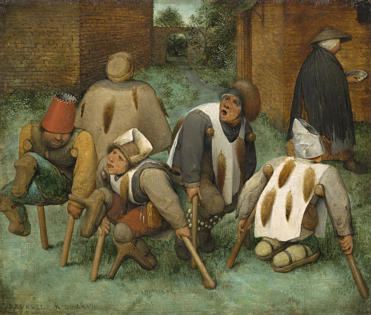 The Beggars by Pieter Bruegel the Elder: five men on crutches with fox tails on their coats on grass by brick walls