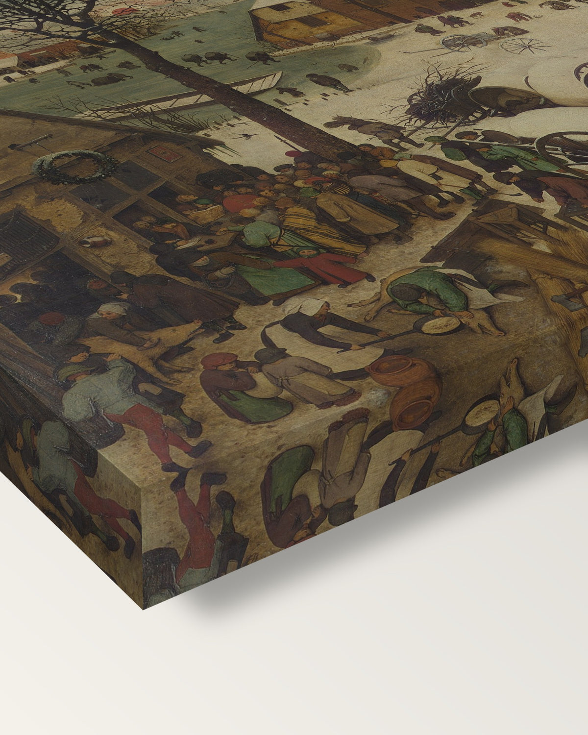 The Census at Bethlehem by the Elder on stretched canvas, corner close-up: the painting mirror-wrapped round the sides