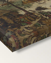 The Census at Bethlehem by the Elder on stretched canvas, corner close-up: the painting mirror-wrapped round the sides