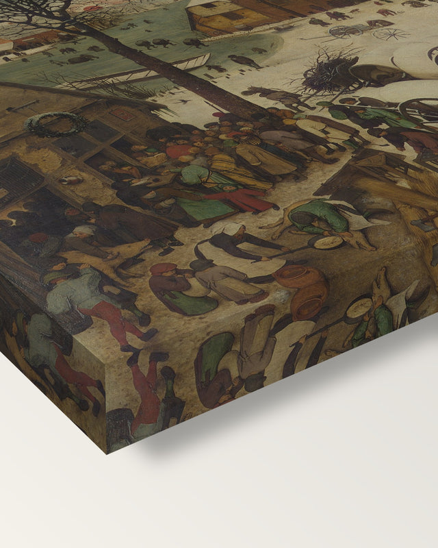 The Census at Bethlehem by the Elder on stretched canvas, corner close-up: the painting mirror-wrapped round the sides