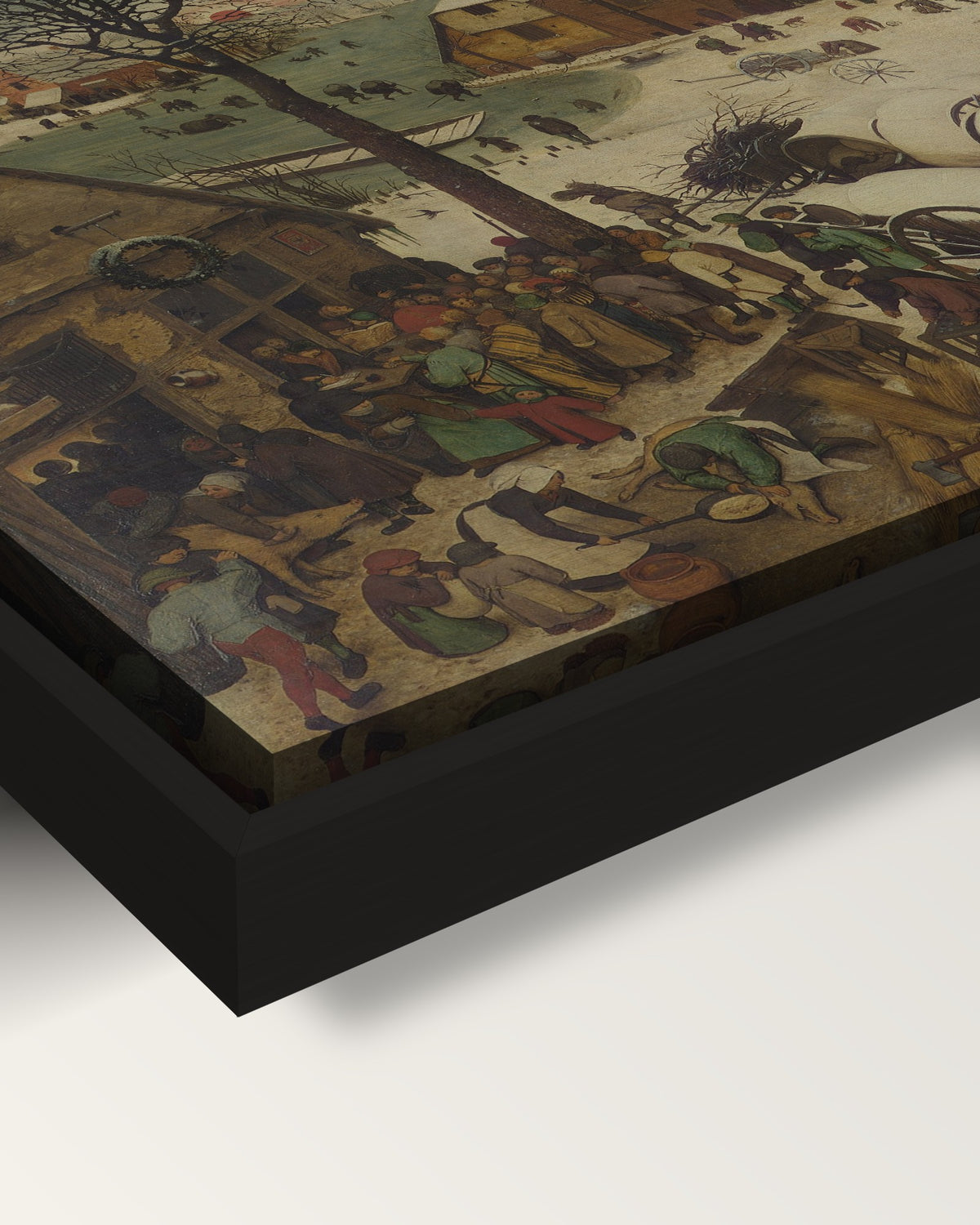 The Census at Bethlehem by the Elder framed canvas, corner close-up: black floating frame, painted edge in the shadow gap