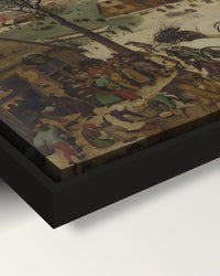 The Census at Bethlehem by the Elder framed canvas, corner close-up: black floating frame, painted edge in the shadow gap