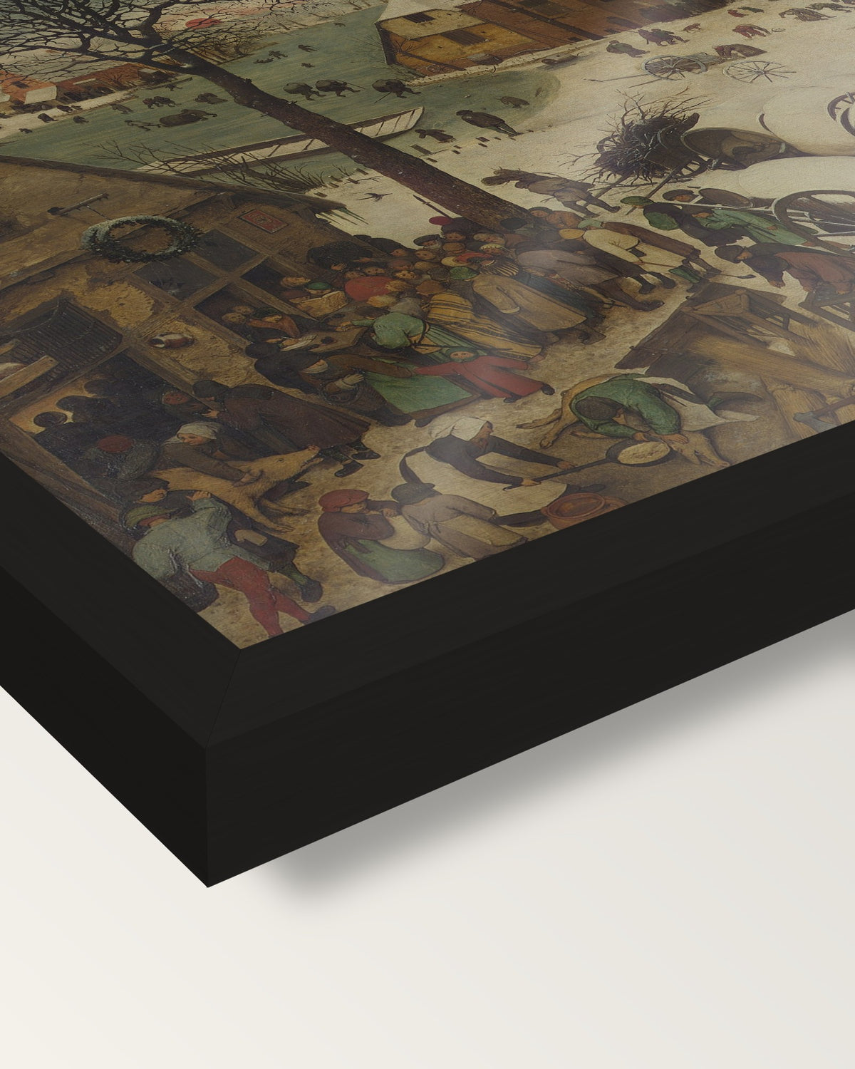 The Census at Bethlehem by Pieter Bruegel the Elder framed print, corner close-up: black moulding, edge to edge, no mat