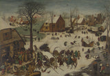 The Census at Bethlehem by Bruegel: a snowy Flemish village at sunset, crowds at an inn, children playing on the ice