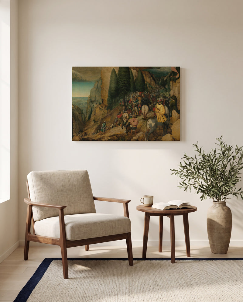 The Conversion of Paul by Pieter Bruegel the Elder as a stretched canvas above a linen lounge chair in a reading corner
