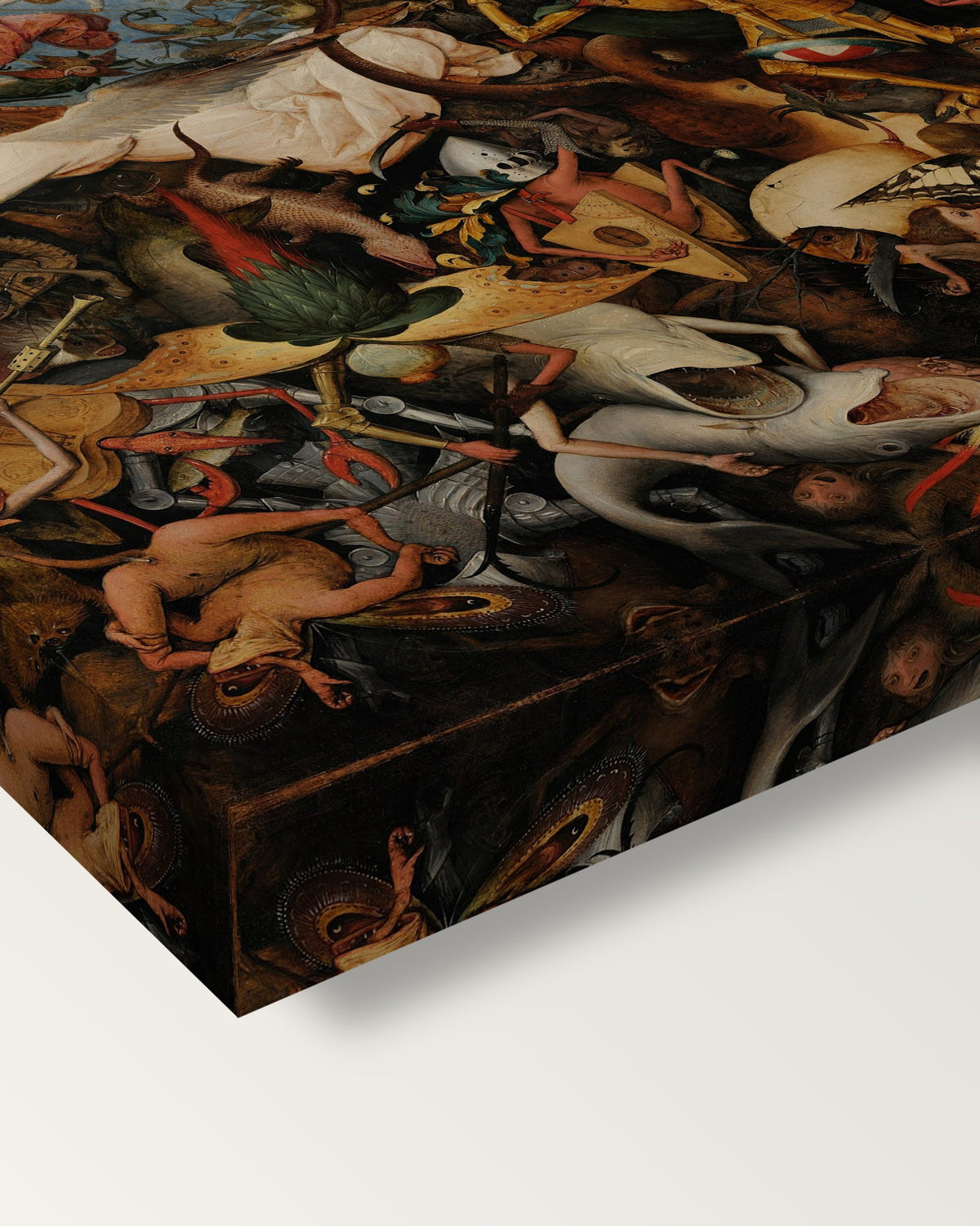 The Fall of the Rebel Angels by the Elder on stretched canvas, corner close-up: the painting mirror-wrapped round the sides