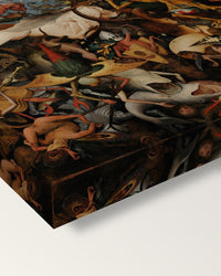 The Fall of the Rebel Angels by the Elder on stretched canvas, corner close-up: the painting mirror-wrapped round the sides