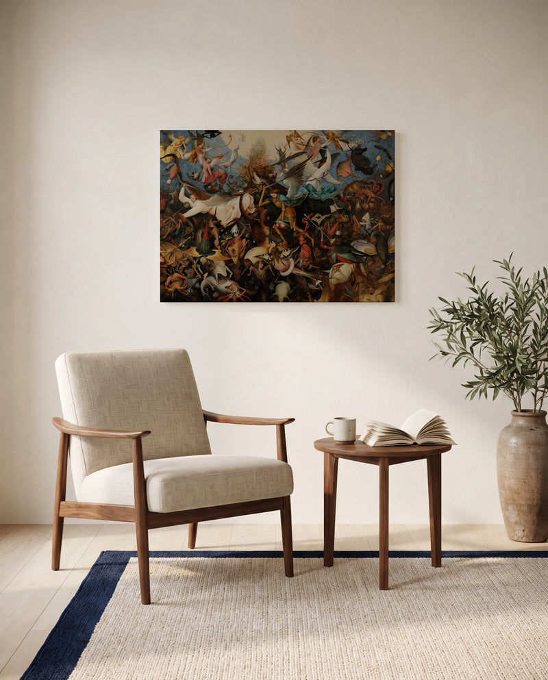 The Fall of the Rebel Angels by Pieter Bruegel the Elder as a stretched canvas above a linen lounge chair in a reading corner
