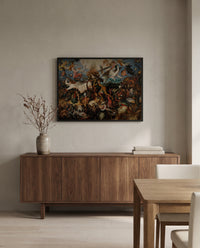 The Fall of the Rebel Angels by Pieter Bruegel the Elder in a black frame above a walnut sideboard in a dining room
