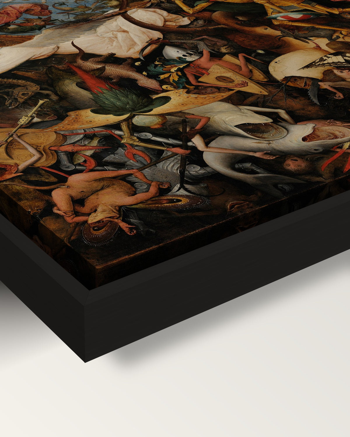 The Fall of the Rebel Angels framed canvas, corner close-up: black floating frame, painted edge in the shadow gap